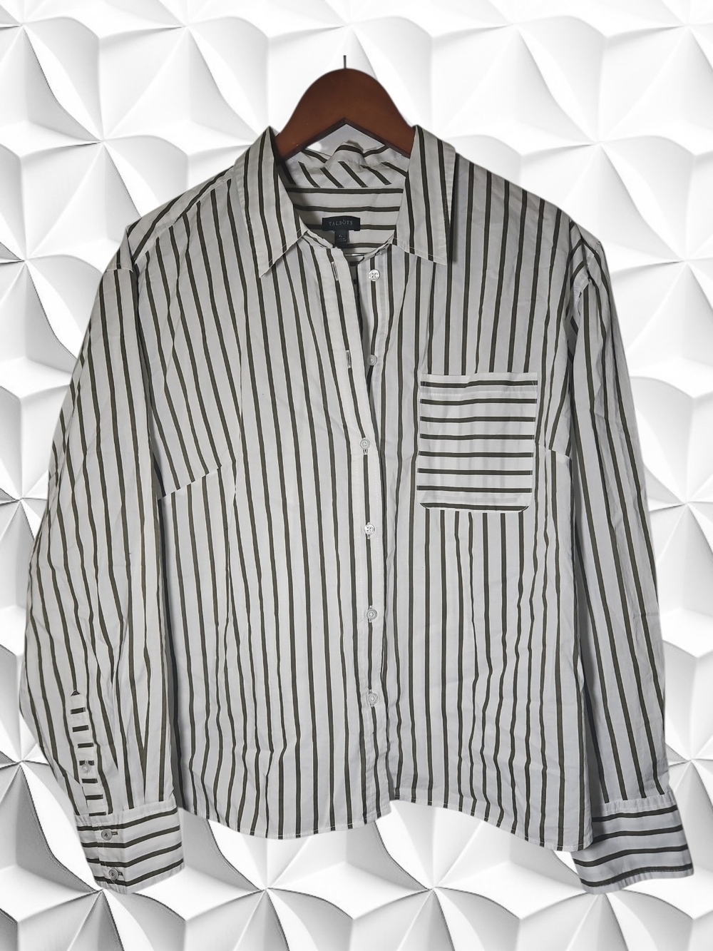 ​Talbots Olive Green Striped Poplin Button Down‎ Blouse Size XL NWT